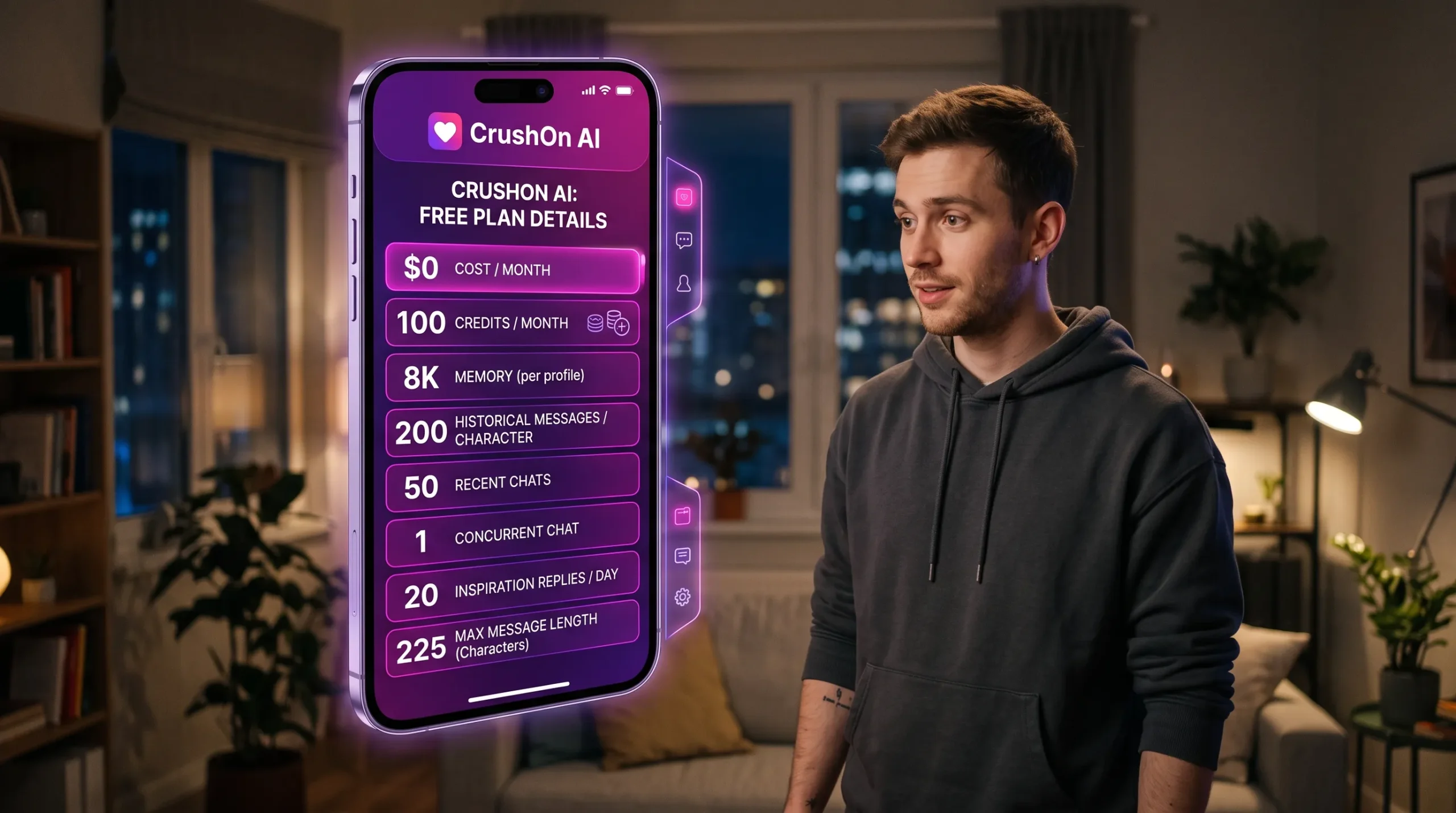 CrushOn AI free plan details — 100 credits 8K memory 200 message history and 1 concurrent chat