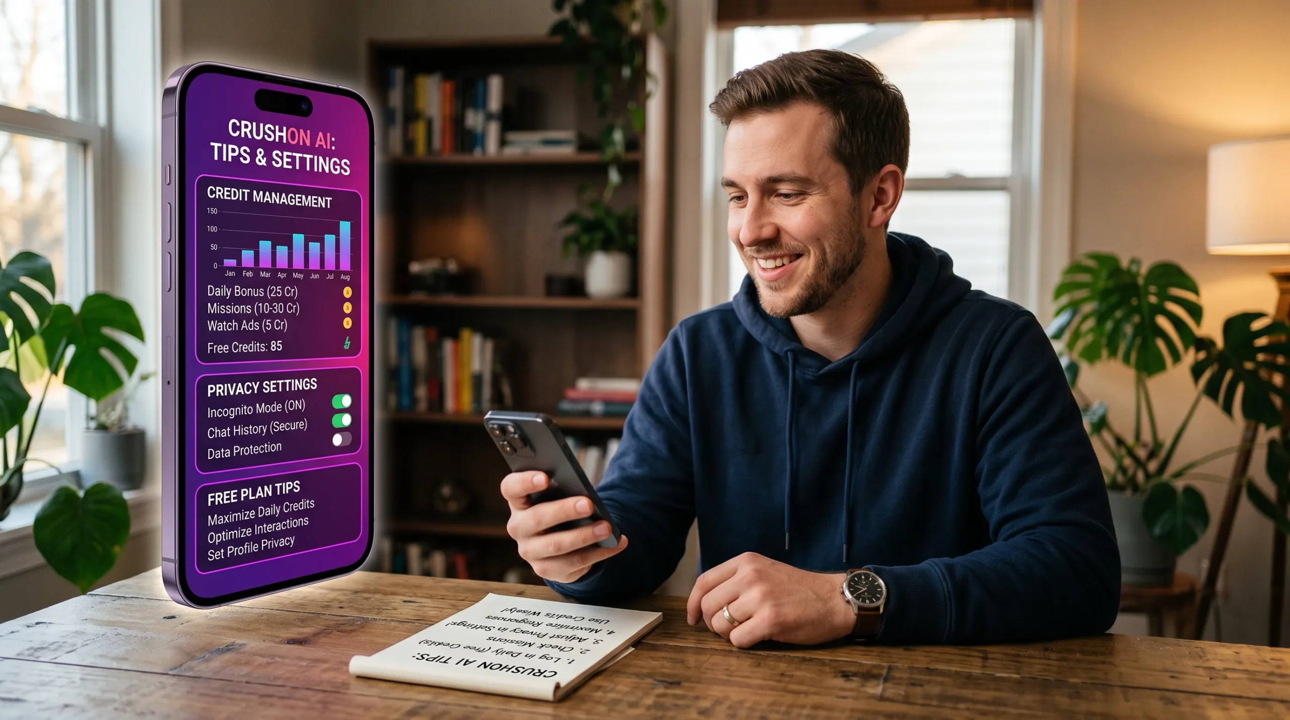 CrushOn AI free plan tips — how to maximize 100 credits and protect privacy without paying