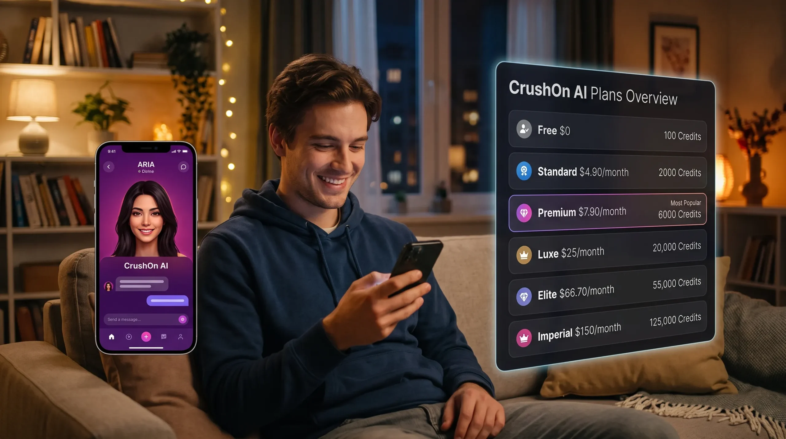 A young Western man smiling at his smartphone showing the CrushOn AI app interface with a beautiful female AI companion character named Aria in purple and magenta colors, beside him a large floating smartphone displaying the CrushOn AI plan overview screen showing exactly Free $0 100 credits, Standard $4.90/month 2000 credits, Premium $7.90/month 6000 credits, Luxe $25/month 20000 credits, Elite $66.70/month 55000 credits, Imperial $150/month 125000 credits, cozy apartment at night, photorealistic 4K cinematic quality, AI girlfriend companion app pricing overview context, high CTR editorial style ar 16:9