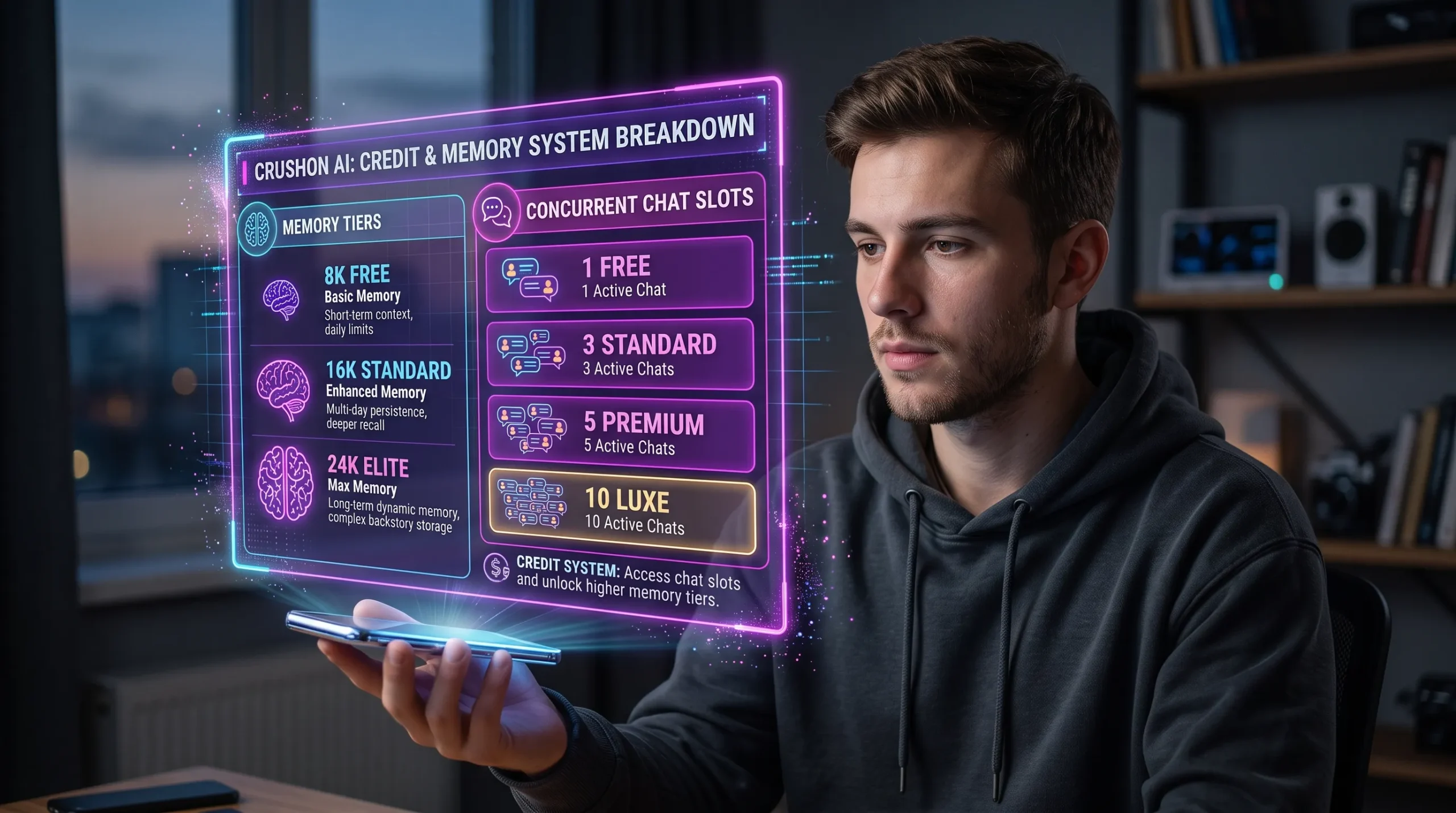CrushOn AI credits memory 8K 16K 24K and concurrent chats — how they affect real cost