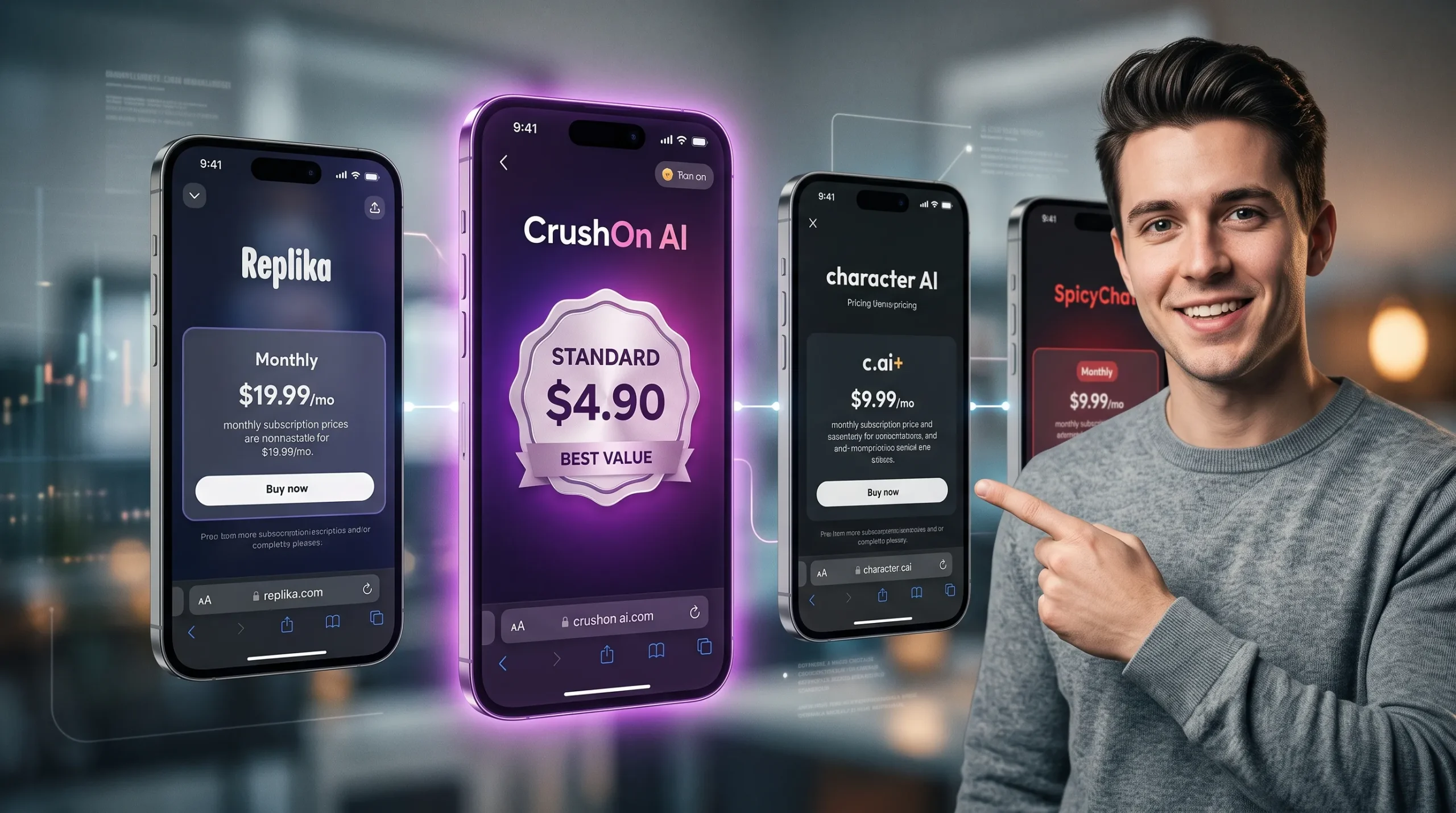 CrushOn AI price vs competitors — comparison with Replika Character AI and SpicyChat 2026