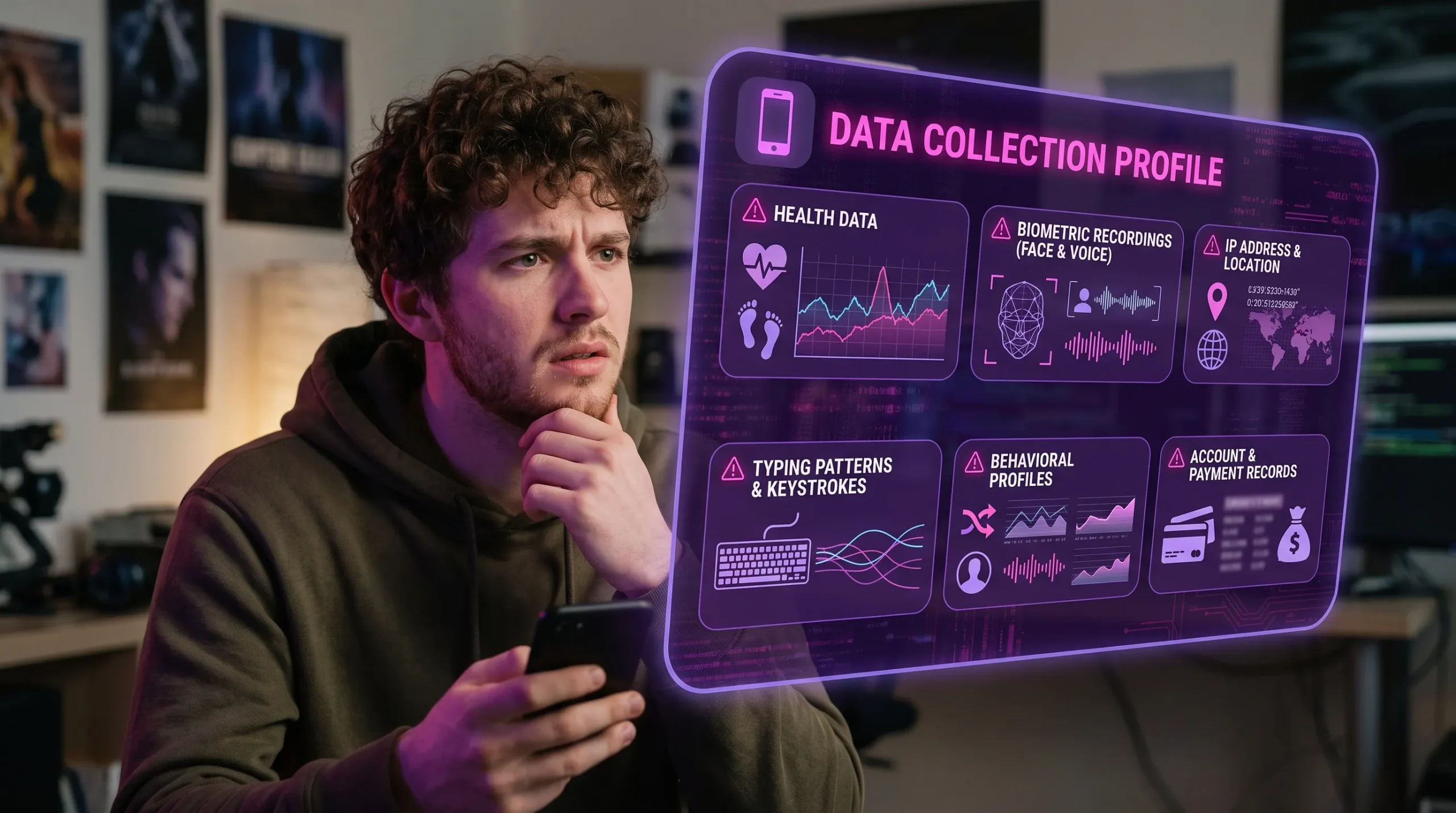 CrushOn AI data collection — health biometric IP address typing patterns and behavioral profiles