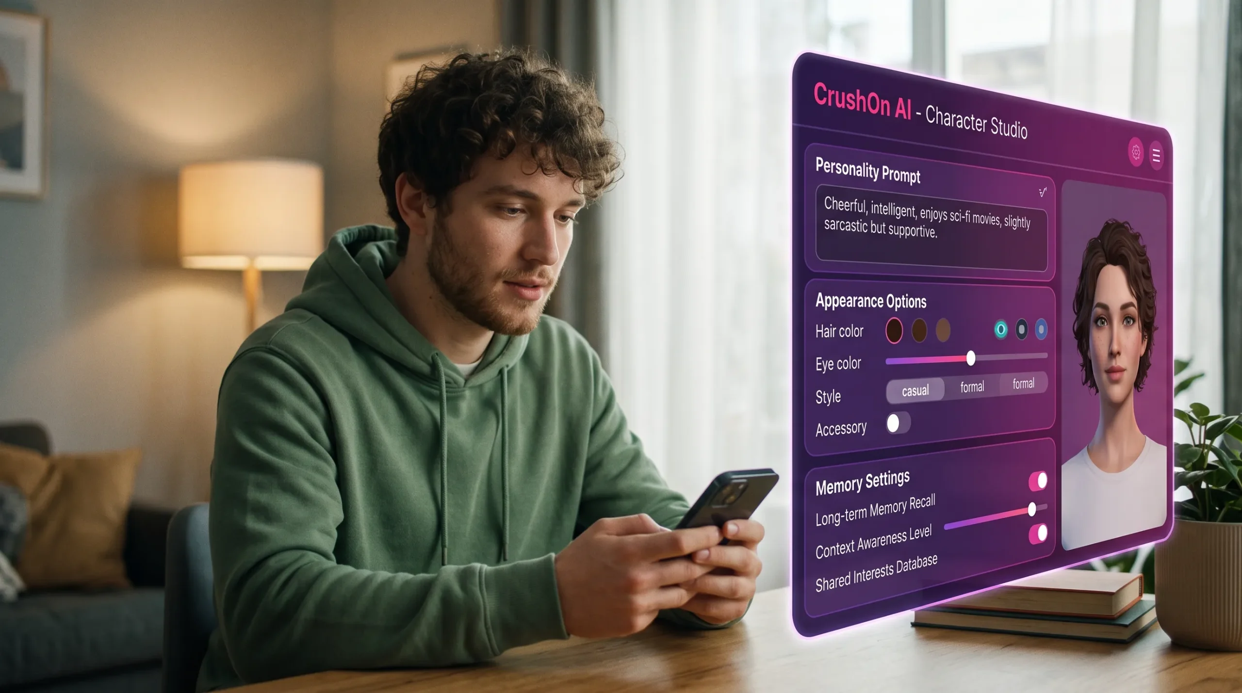 CrushOn AI character customization — appearance personality prompts and memory settings guide