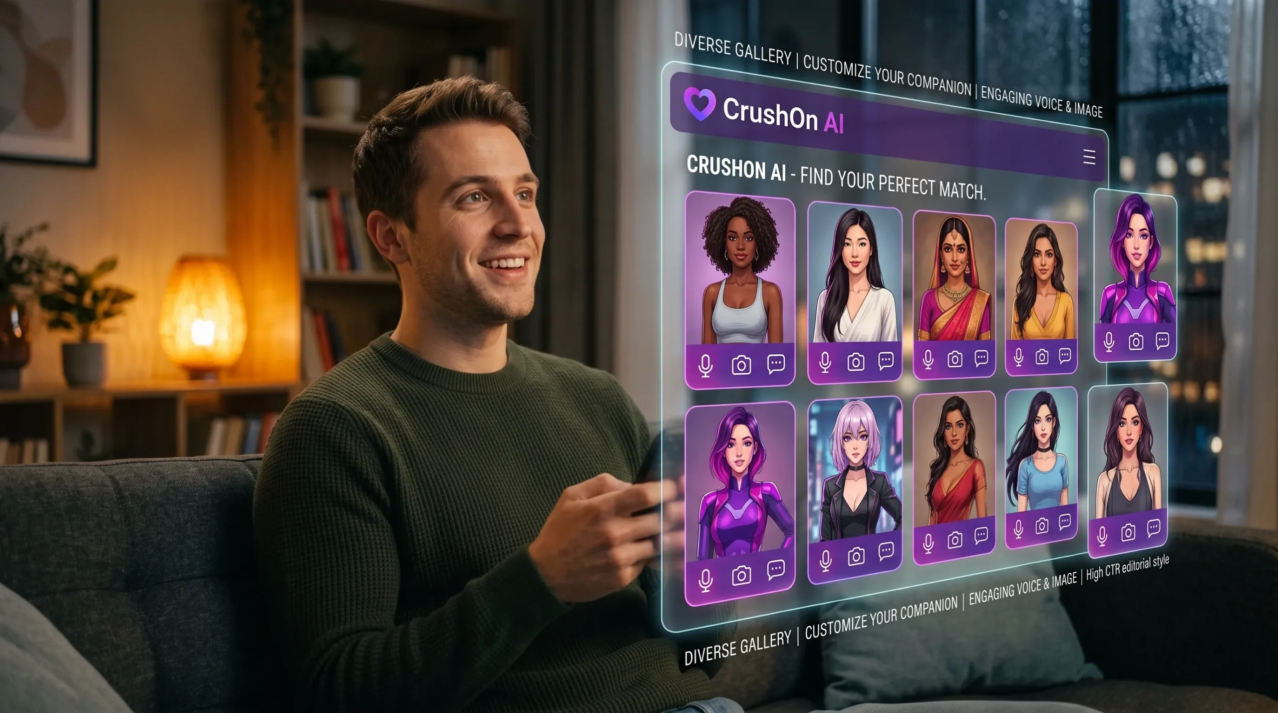 CrushOn AI main features 2026 — uncensored chat character library voice and image tools