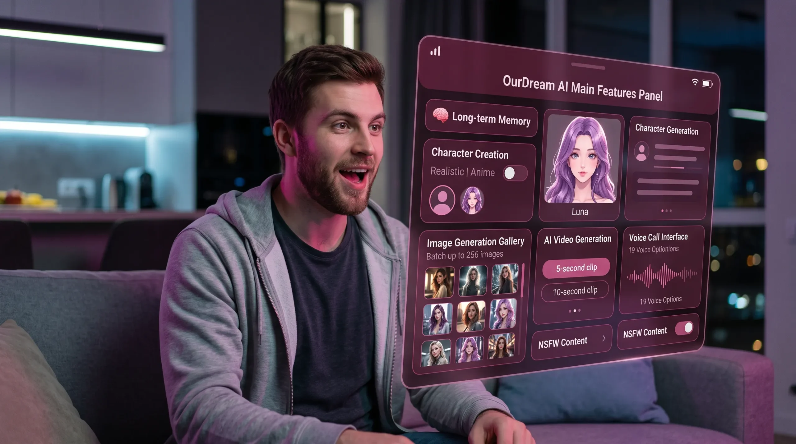 OurDream AI main features 2026 — video generation memory character creation 19 voices NSFW and batch images