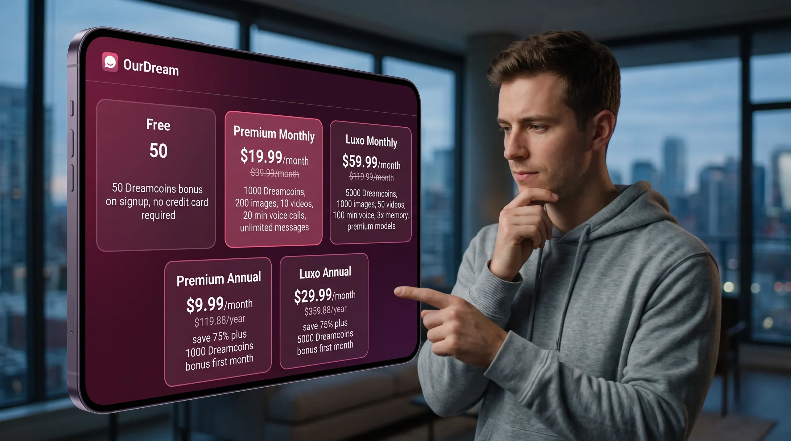 OurDream AI pricing 2026 — Free 50 coins Premium $19.99 month or $9.99 annual Luxo $59.99 month or $29.99 annual