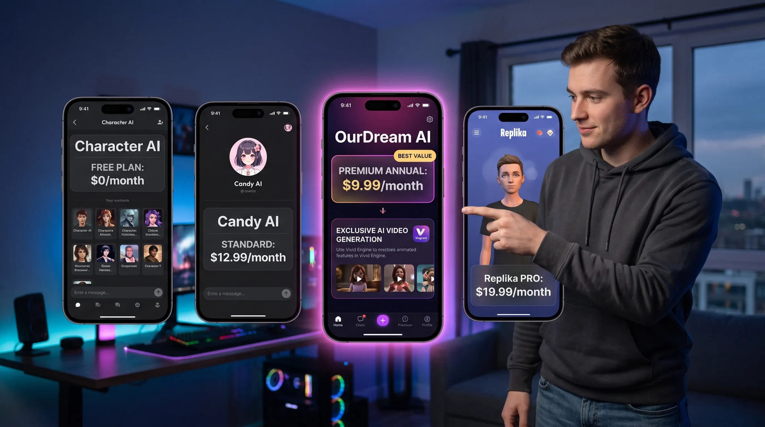 OurDream AI vs competitors 2026 — comparison with Character AI Candy AI $12.99 and Replika $19.99