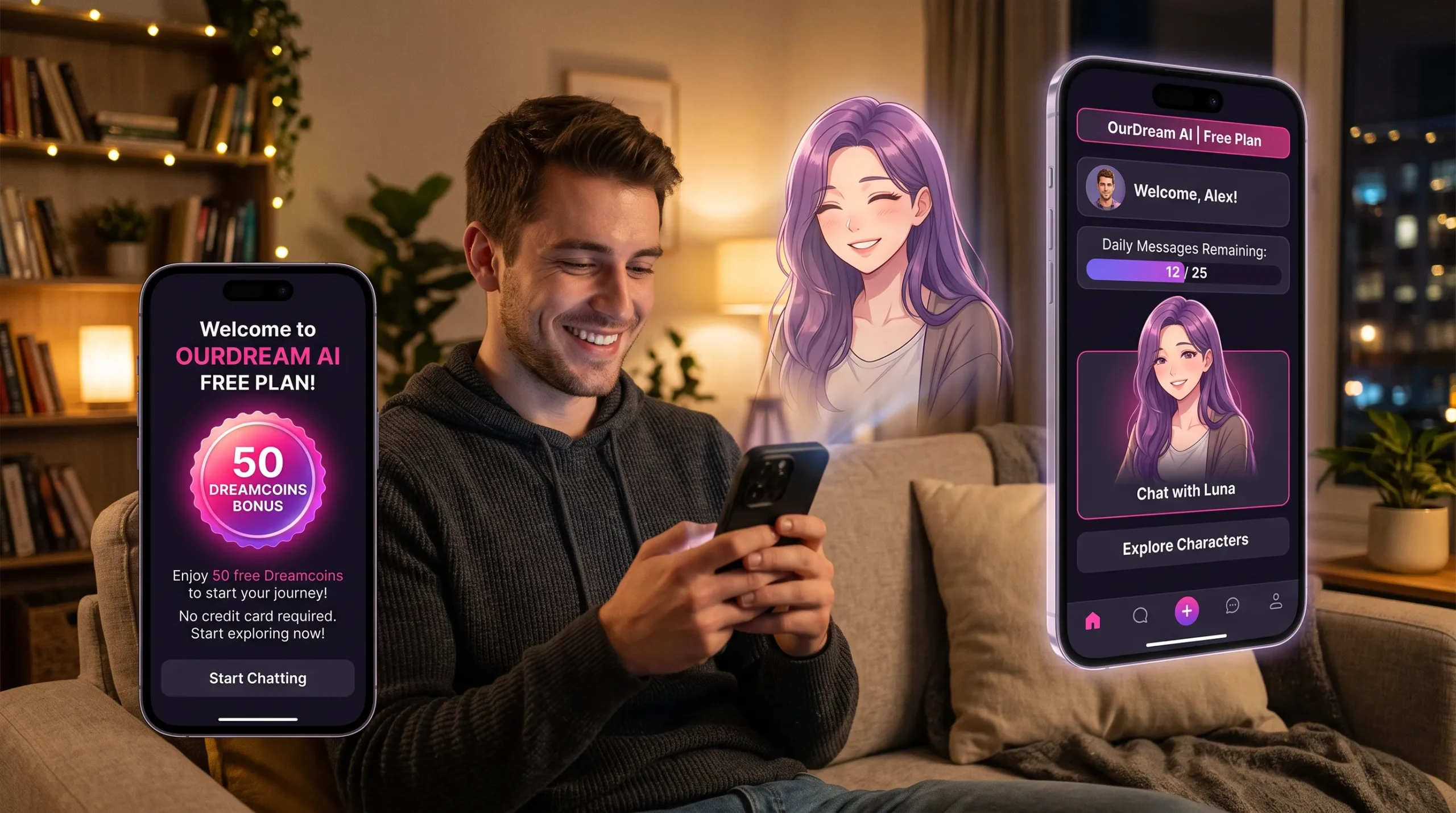 OurDream AI free plan overview — 50 Dreamcoins bonus no credit card limited messages 2026