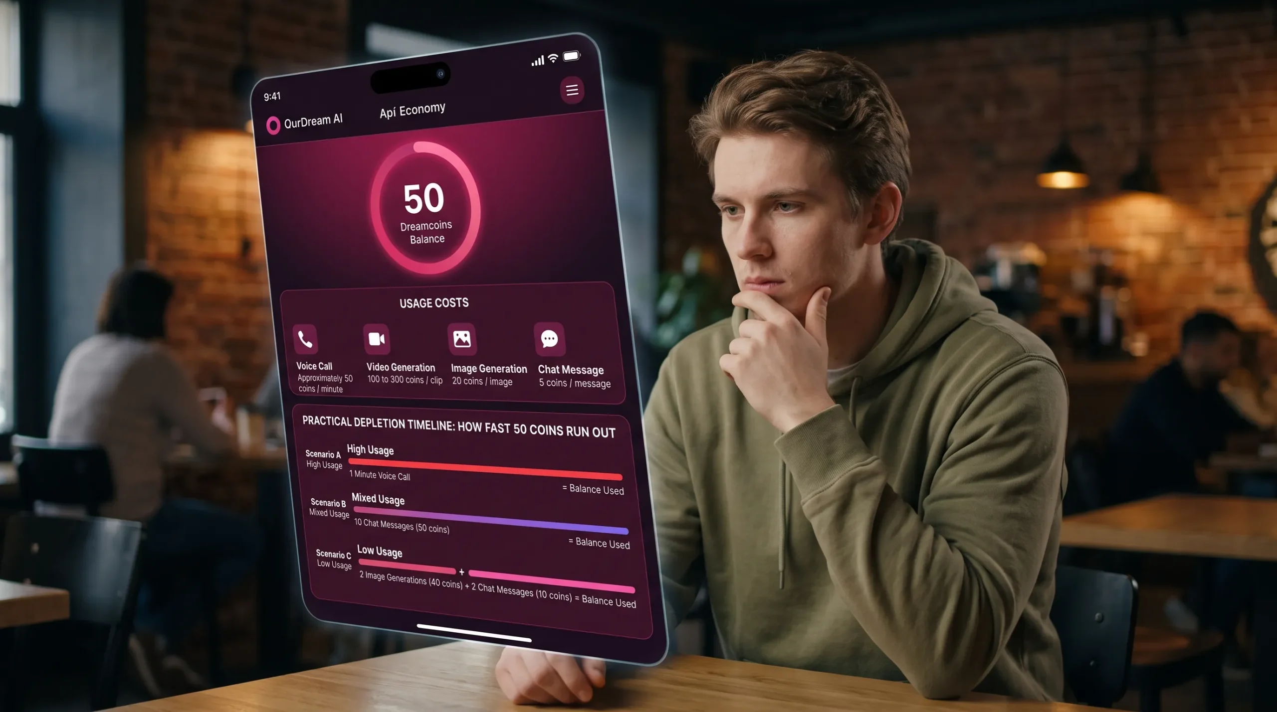 OurDream AI 50 Dreamcoins what they buy — voice 50 coins per minute video 100 to 300 coins per clip