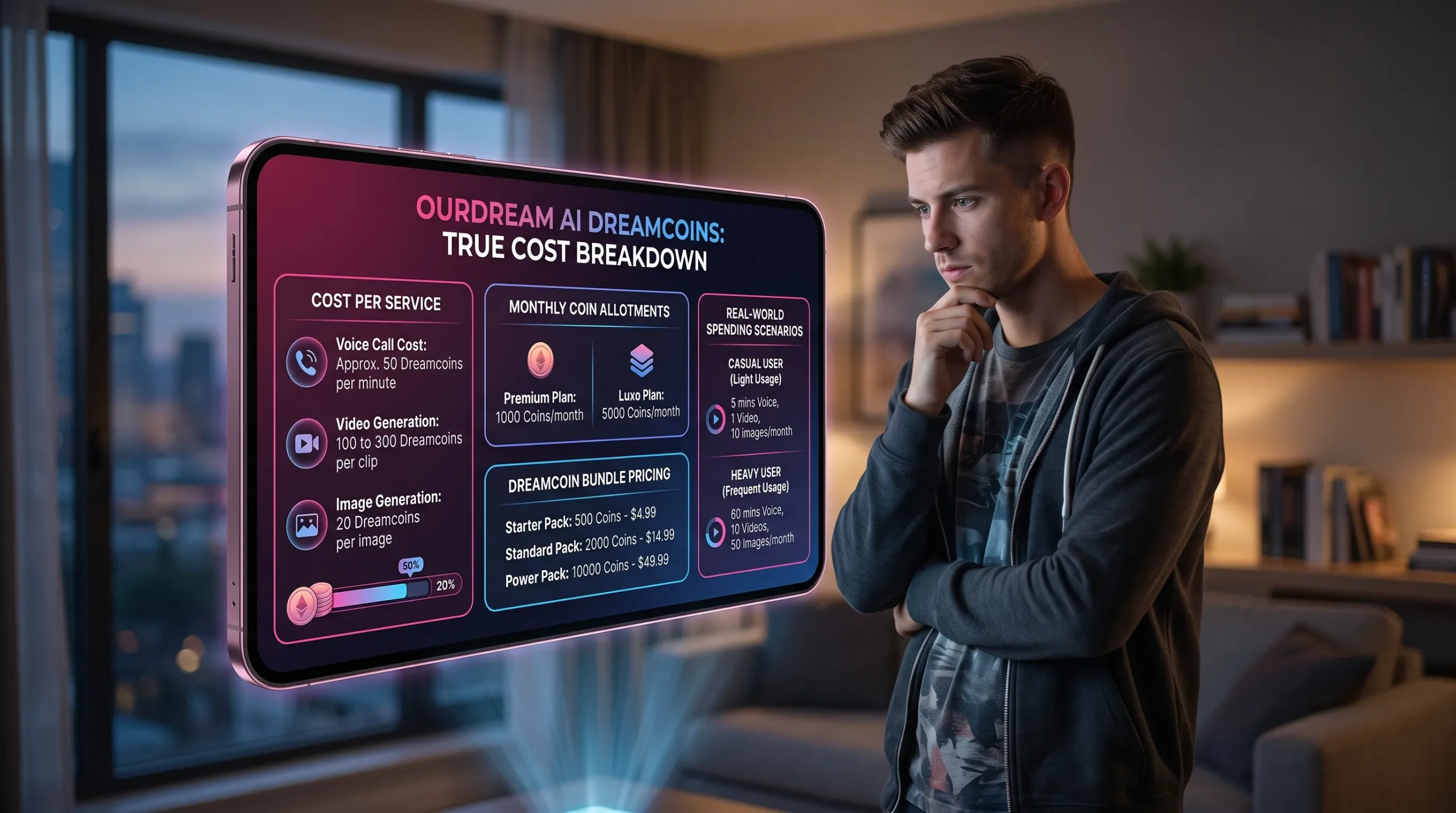 OurDream AI DreamCoins true cost — voice 50 coins per minute video 100 to 300 coins per clip bundles