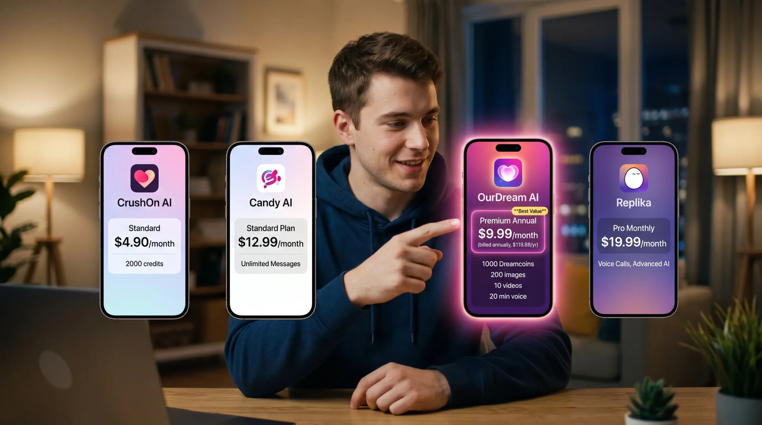 OurDream AI $9.99 vs CrushOn AI $4.90 vs Candy AI $12.99 vs Replika $19.99 — which plan is worth it