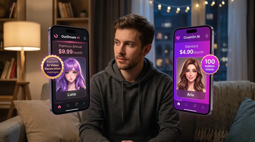 OurDream AI vs CrushOn AI 2026 — which AI girlfriend app is better full comparison