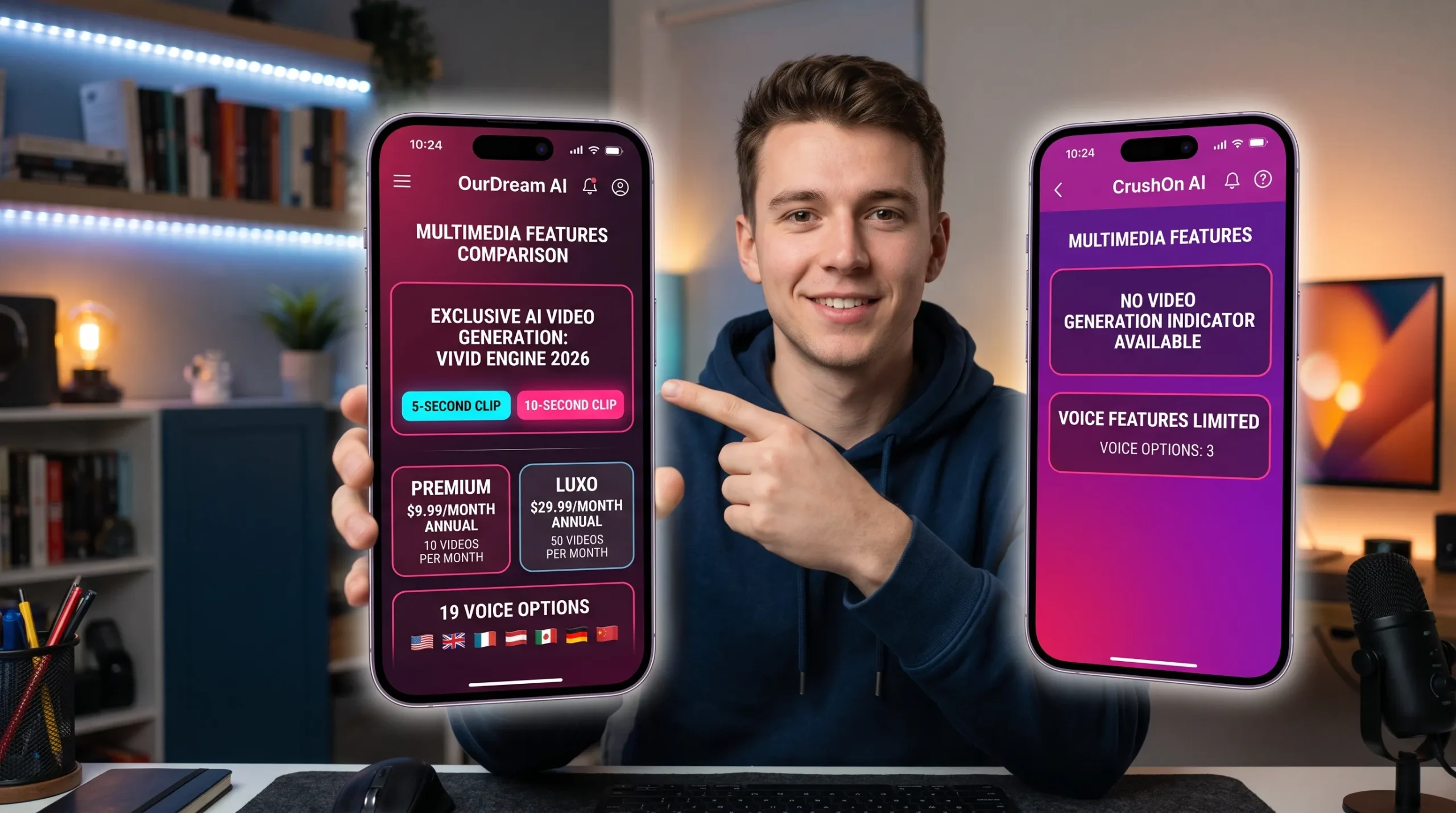 OurDream AI vs CrushOn AI video AI and voice — Vivid Engine exclusive 10 videos month vs no video generation