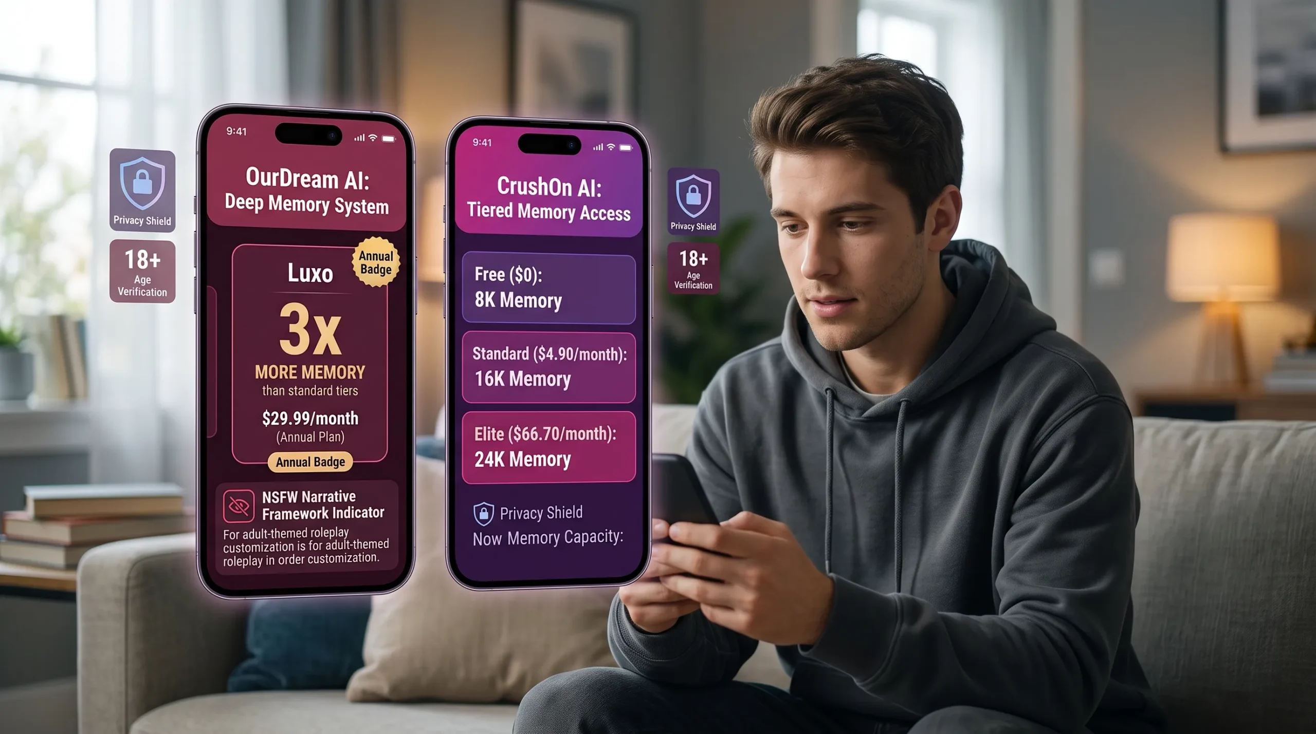 OurDream AI vs CrushOn AI memory and NSFW — 3x Luxo memory vs 8K 16K 24K CrushOn tiers